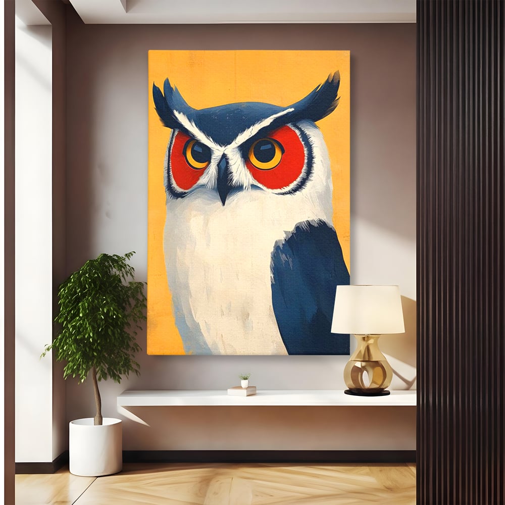 Tablou canvas cu tablou canvas cu bufnita stilizata, fara rama, pe sasiu de lemn